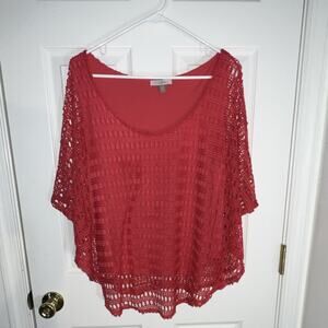 Roz & Ali PXL Petite Pink/orange Crochet Tunic Scoop Neck Short Sleeve Blouse